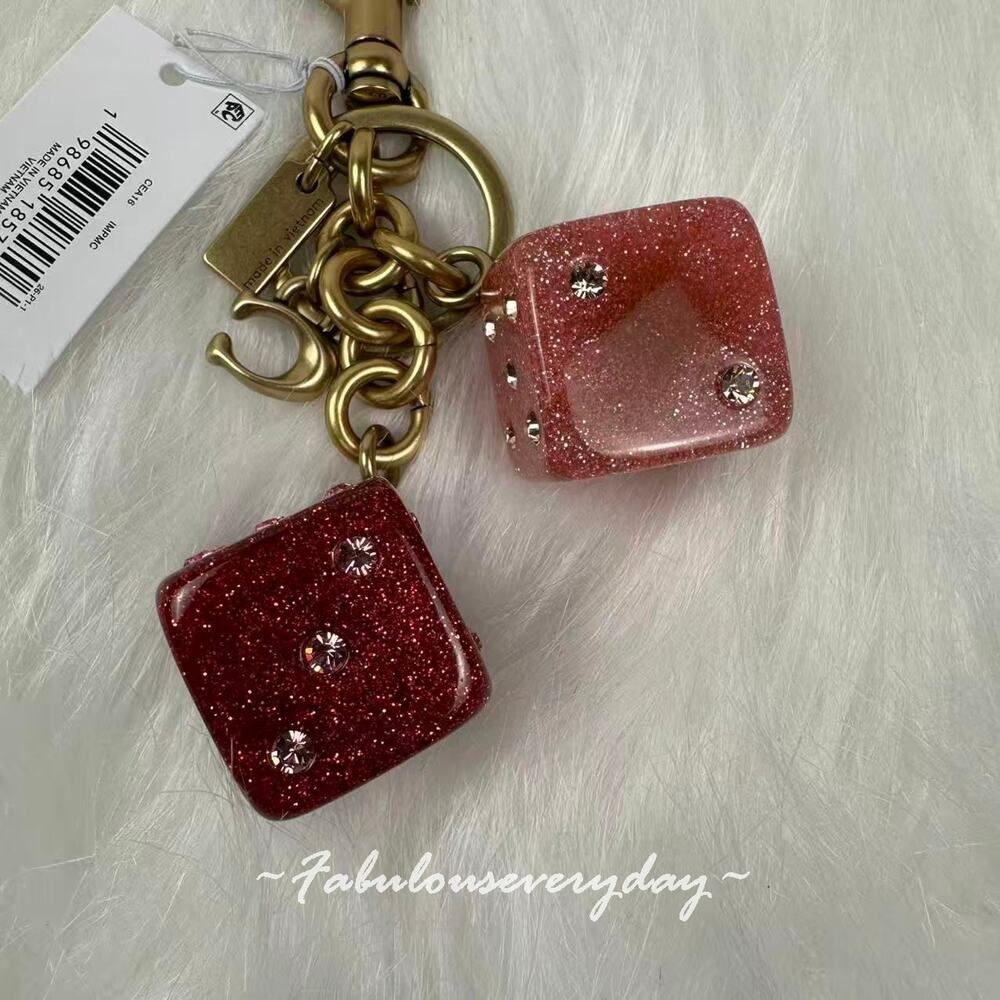 Coach Dice Bag Charm With Keyring Key Chain In Gold/Pink Multi CEA16 NWT - Picture 3 of 4
